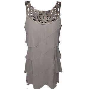 S.L. Fashions Tan Sleeveless Tiered Cocktail Dress With Bead Cutout Neckline 16